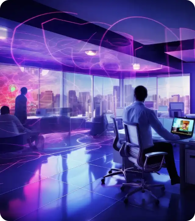 An office interior with a futuristic, high-tech aesthetic. A person in a white shirt and dark trousers sits at his desk, looking at a laptop, while the other people in the office look outside.